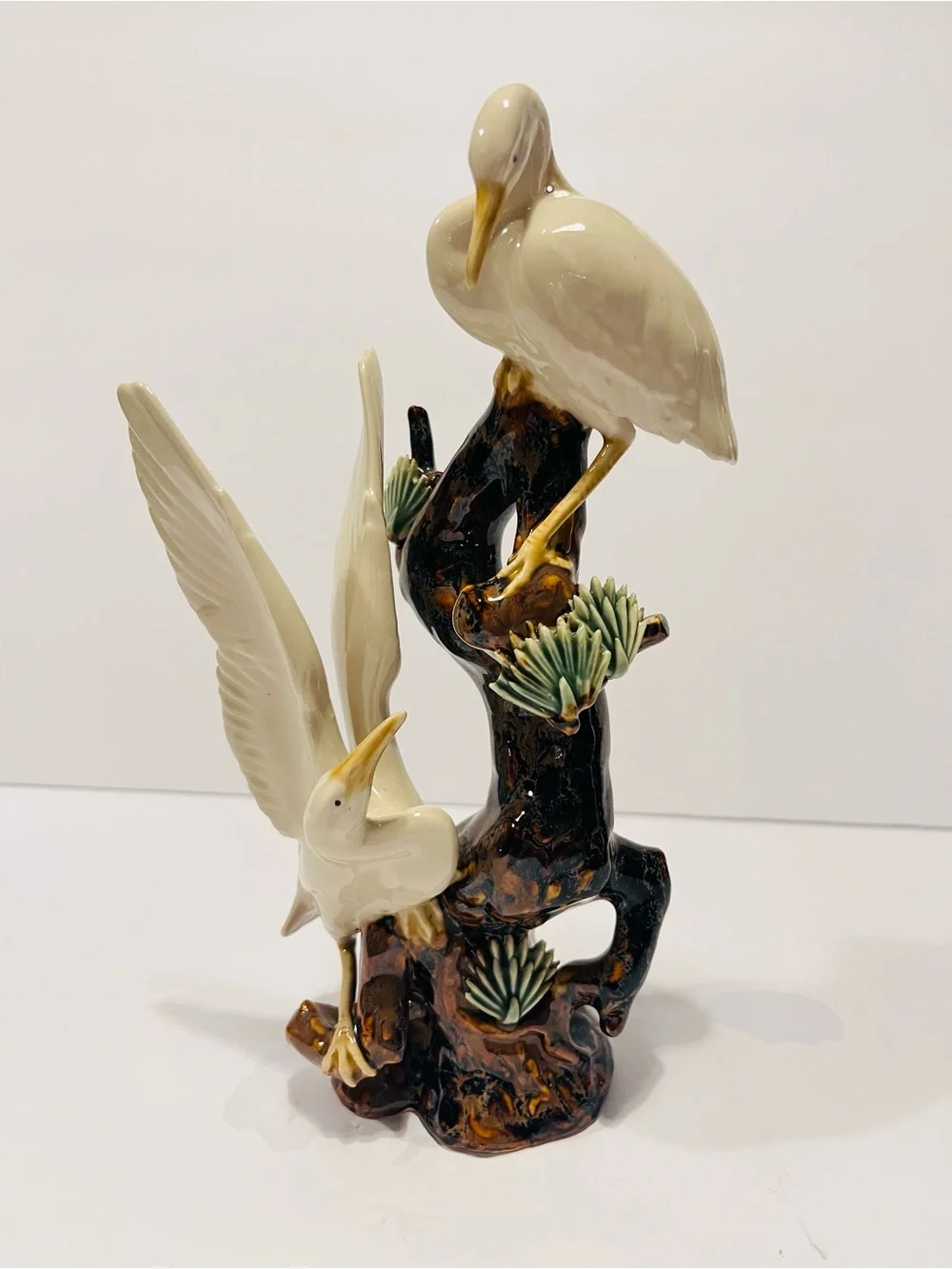 Antique Chinese Glazed Porcelain Figurine With 2 Cranes on Tree 9.25”